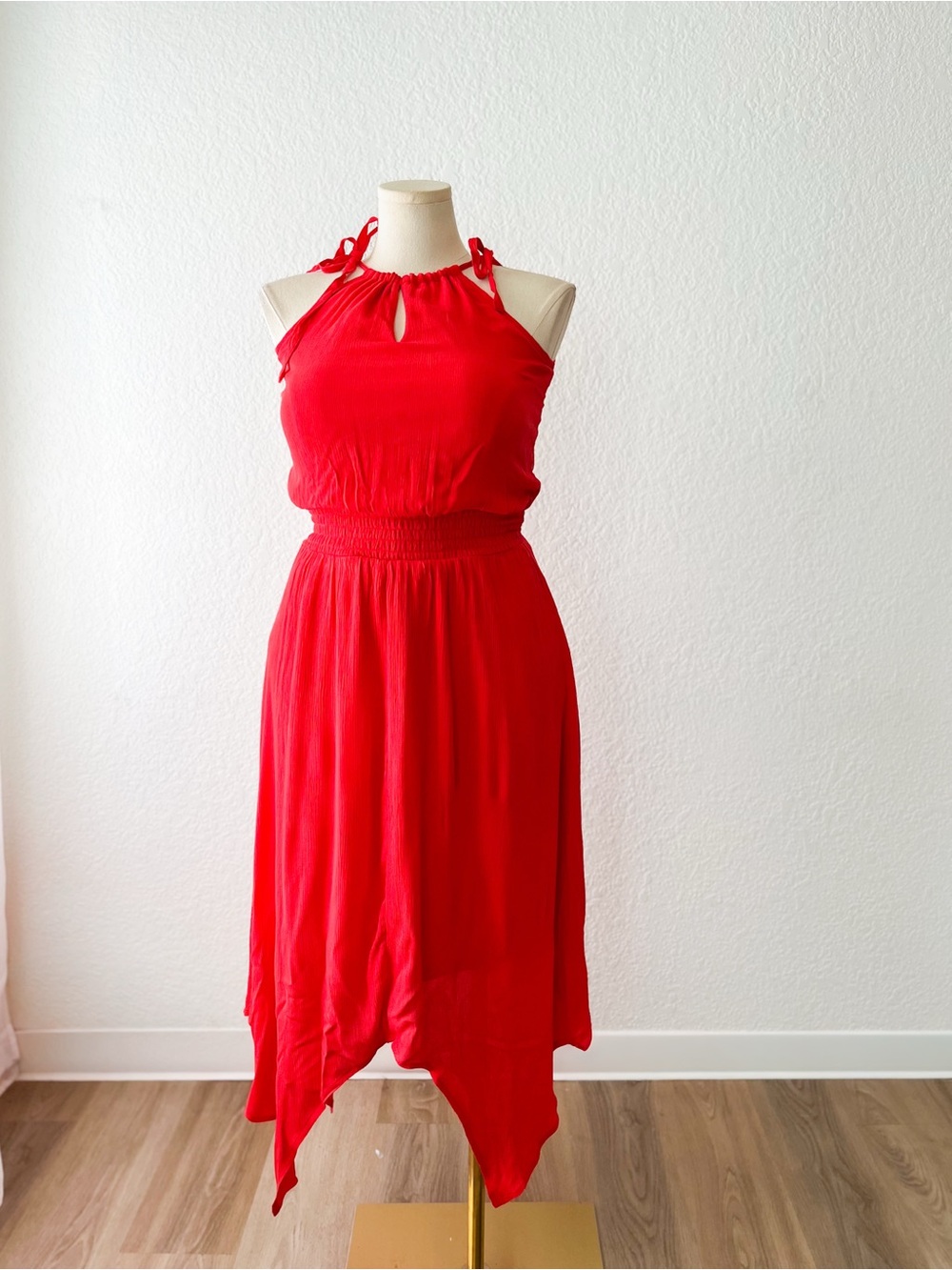 Maurices Bright Coral Asymmetrical Halter Midi Dress